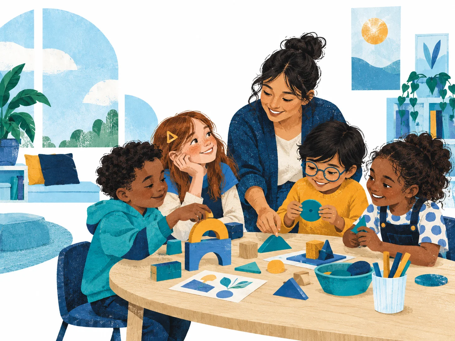 Illustration of a child building with blocks while family and teacher look on